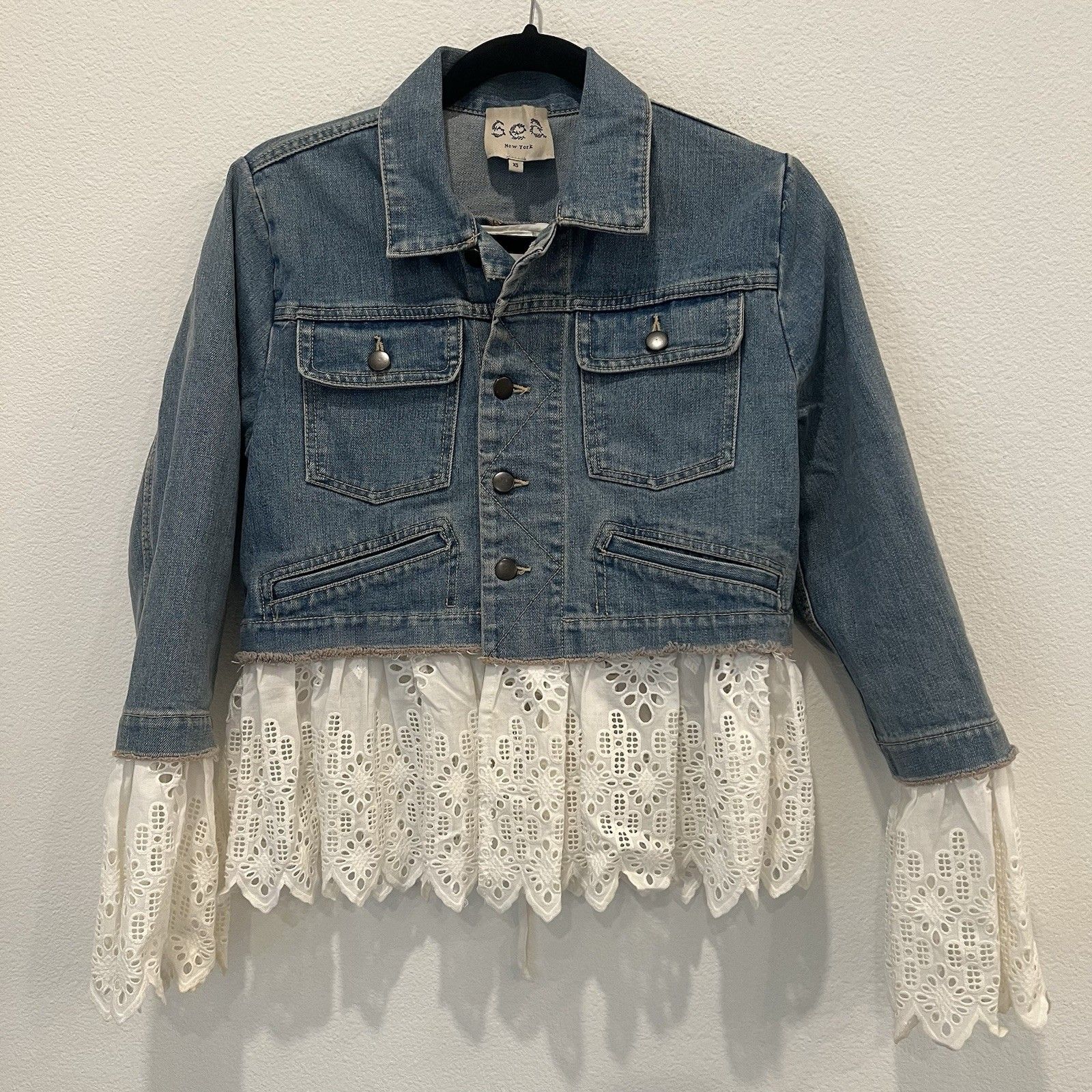 Sea New York Eyelet Trim Lace Up Combo Denim Jacket Size Xs Stained!